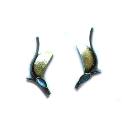 Blue Catsite Stud Earrings with Textured Gold - Christophe Poly - Click Image to Close